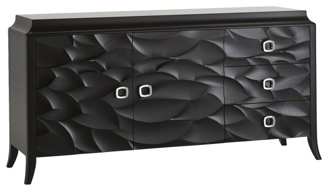 Wooden Chest With 2 Doors and 3 Drawers and Leaf Decor