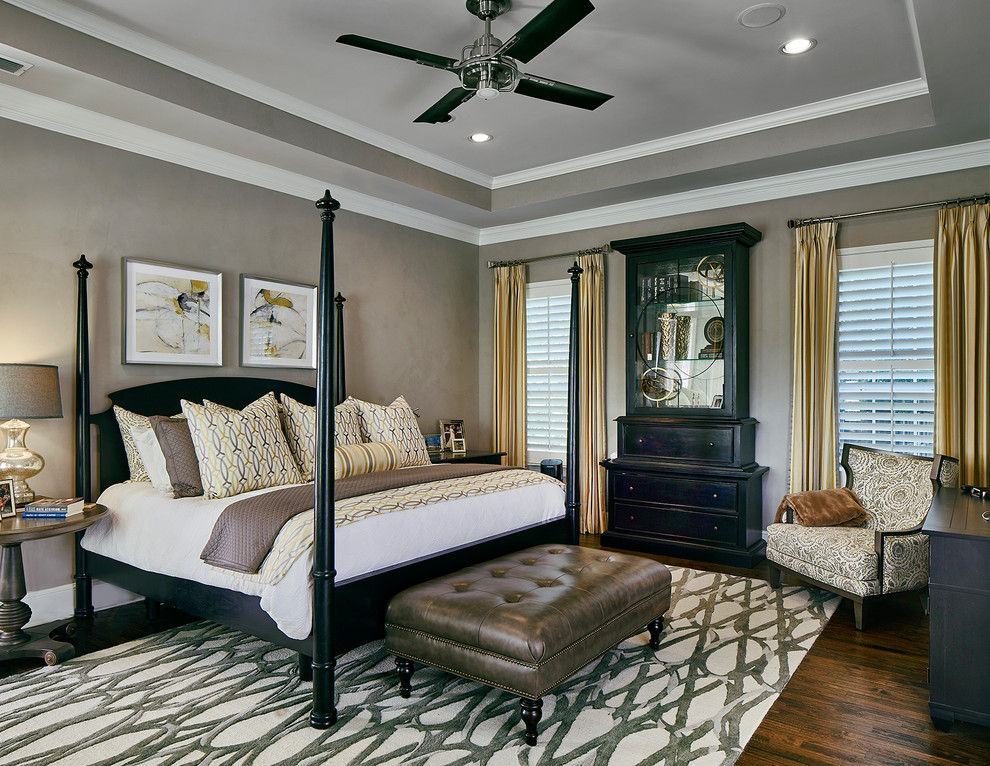 Inspiration for a large contemporary master bedroom in Dallas with brown walls, dark hardwood floors, no fireplace and brown floor.
