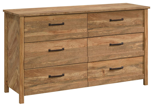 Rustic Double Dresser, 6 Drawers & Side Panels With Herringbone Pattern