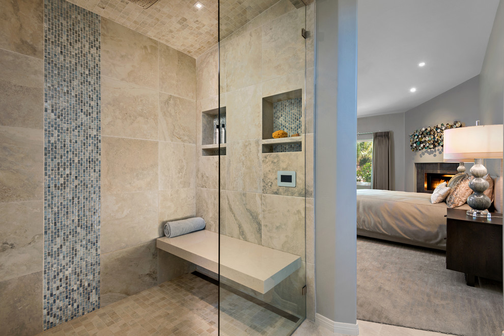 Inspiration for a mid-sized contemporary master bathroom in Phoenix with flat-panel cabinets, dark wood cabinets, a curbless shower, gray tile, porcelain tile, blue walls, porcelain floors, an undermount sink and engineered quartz benchtops.