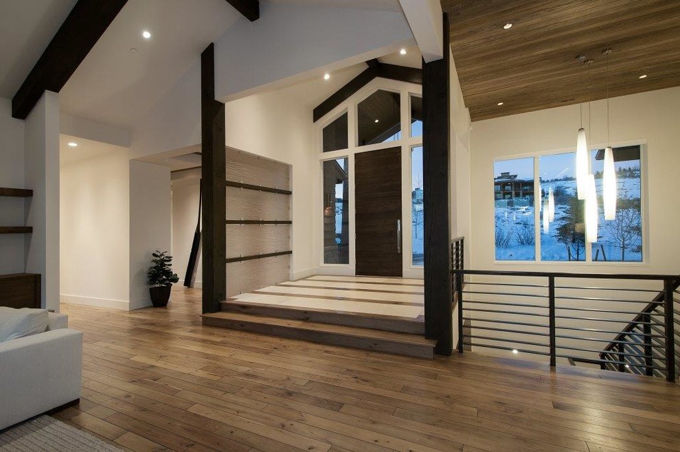 This is an example of a mid-sized contemporary front door in Salt Lake City with white walls, medium hardwood floors and a single front door.
