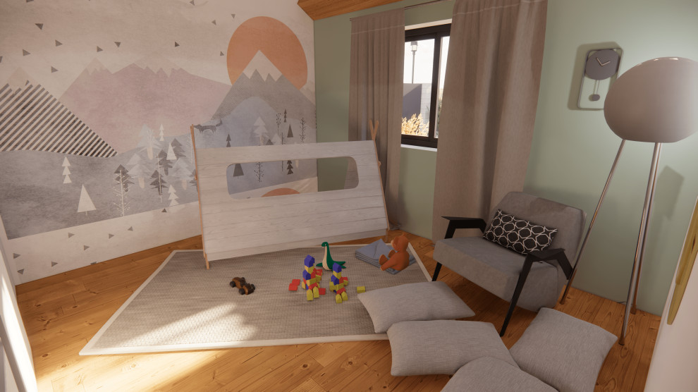 Réalisation d'une chambre d'enfant de 1 à 3 ans design de taille moyenne avec un sol marron, du papier peint, un mur vert et parquet clair.