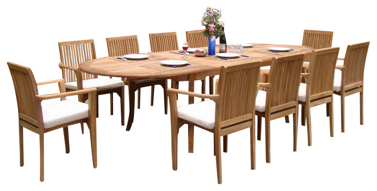 11-Piece Outdoor Teak Dining Set, 117" Oval Table, 10 Lua Stacking Arm Chairs