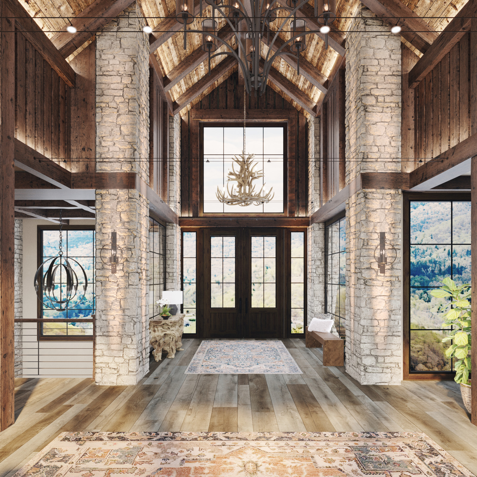 Living entry rustic project with heigh ceiling