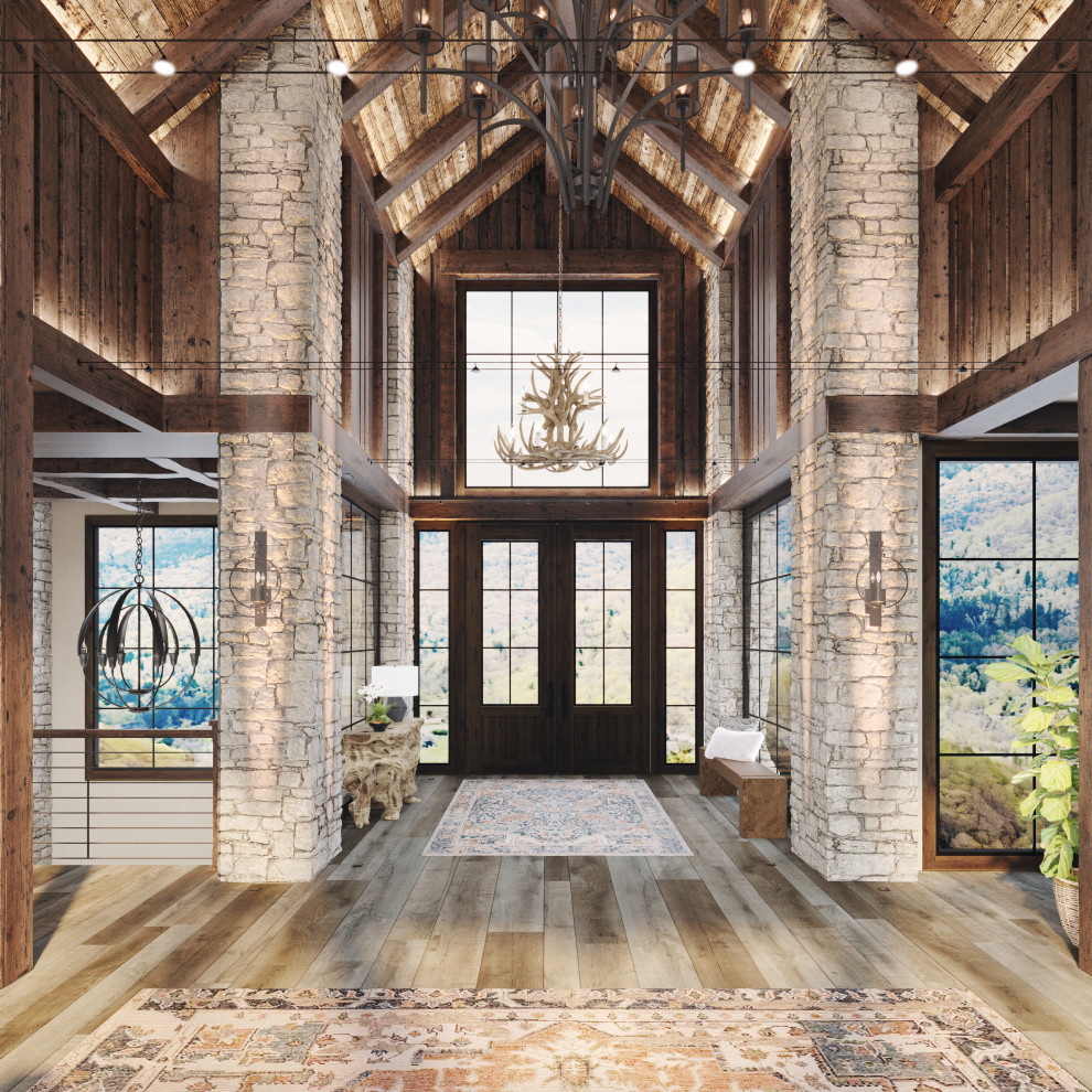Living entry rustic project with heigh ceiling
