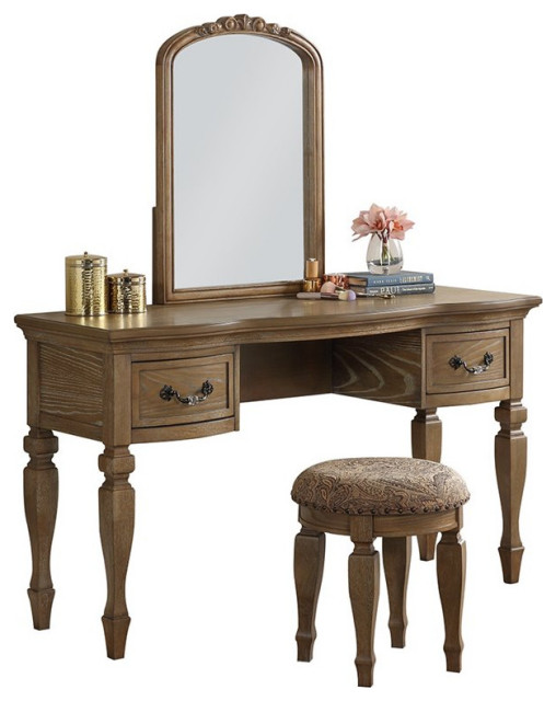 Poundex Wood Vanity Set with Stool and Mirror in Antique Oak