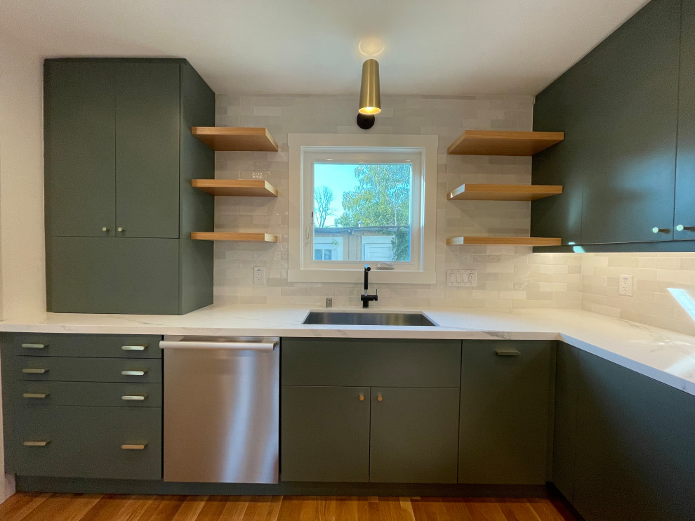 Inspiration for a large scandinavian light wood floor kitchen remodel in San Francisco with a single-bowl sink, white backsplash, ceramic backsplash, stainless steel appliances, an island and white countertops