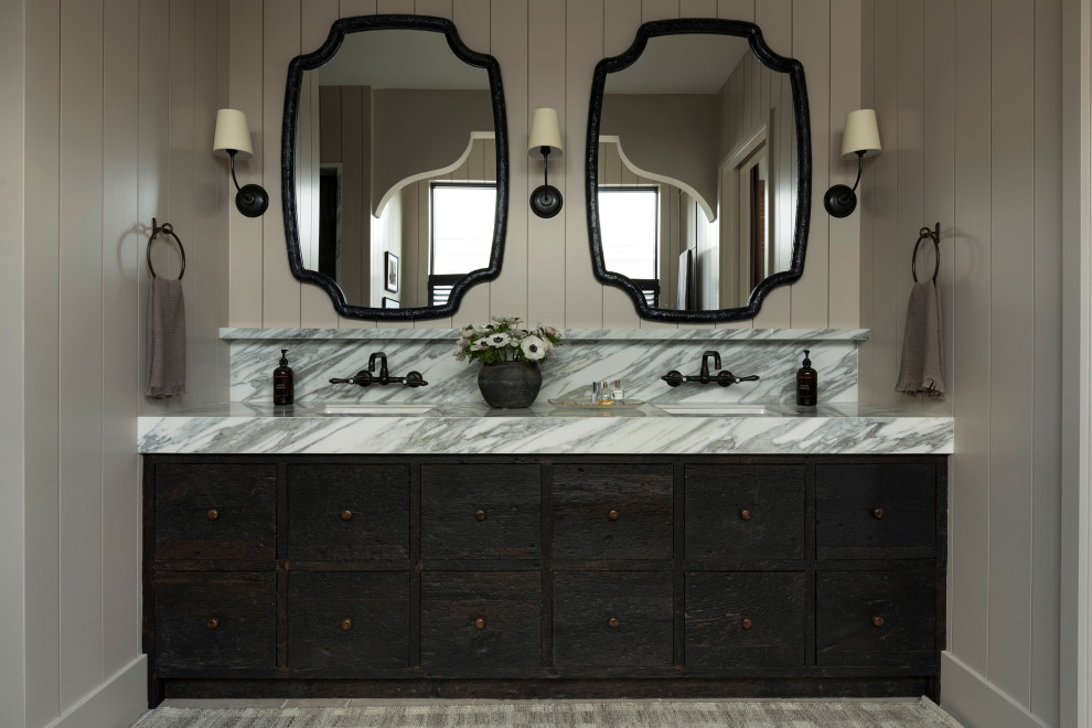 Inspiration for a country bathroom in Minneapolis with flat-panel cabinets, dark wood cabinets, grey walls, a submerged sink, grey floors, grey worktops, double sinks, a built in vanity unit and tongue and groove walls.