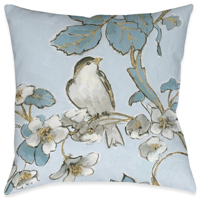 Toile Flower Bird Outdoor Pillow, 18"x18"