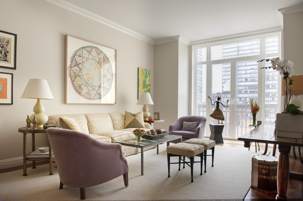 Example of a mid-sized transitional formal medium tone wood floor living room design in New York with beige walls