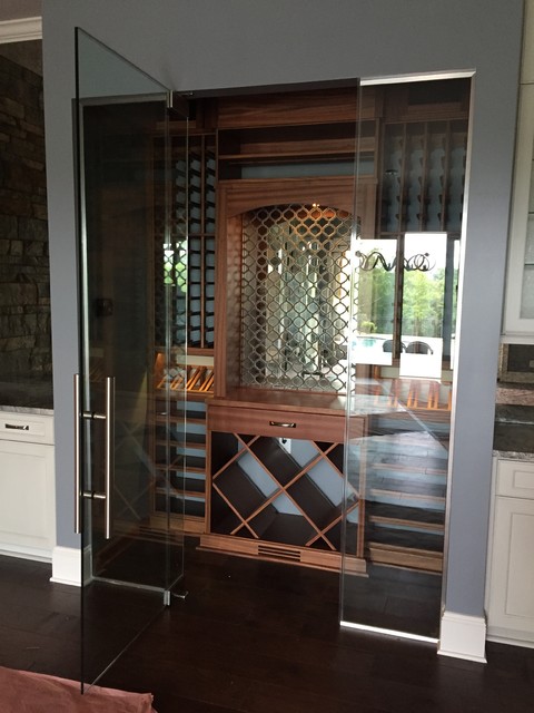 Frameless Glass Door Cellar Transitional Wine Cellar