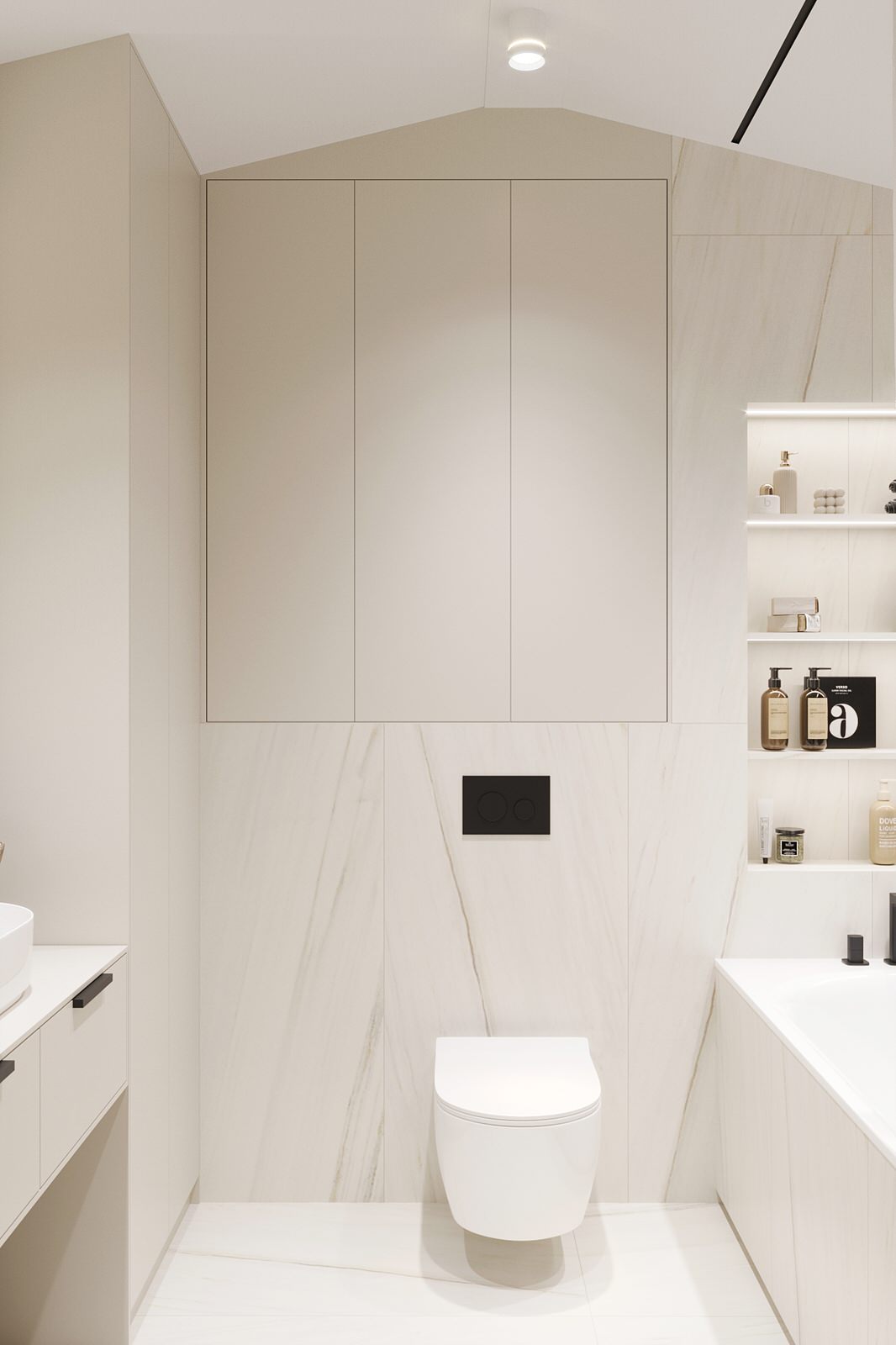 Белые интерьеры спальни и ванной комнаты