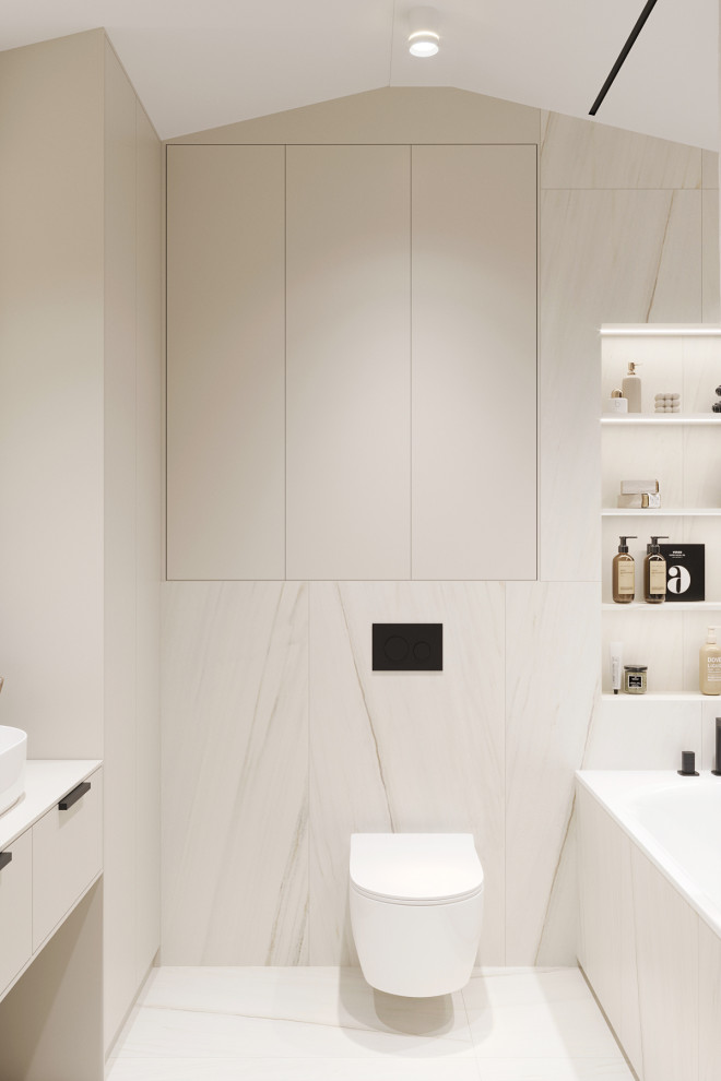 Белые интерьеры спальни и ванной комнаты