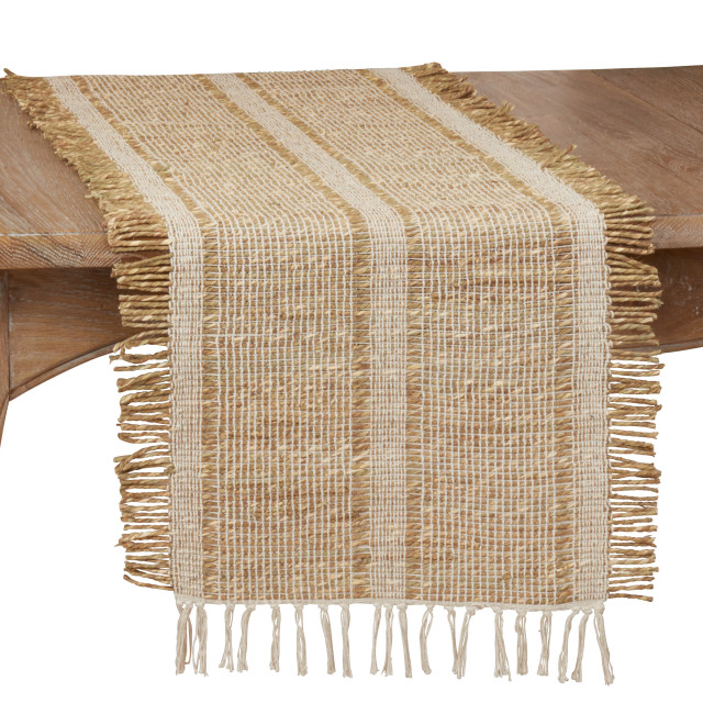 Natural Table Runner With Asiatic Grass Design, 16"x90" Beach Style