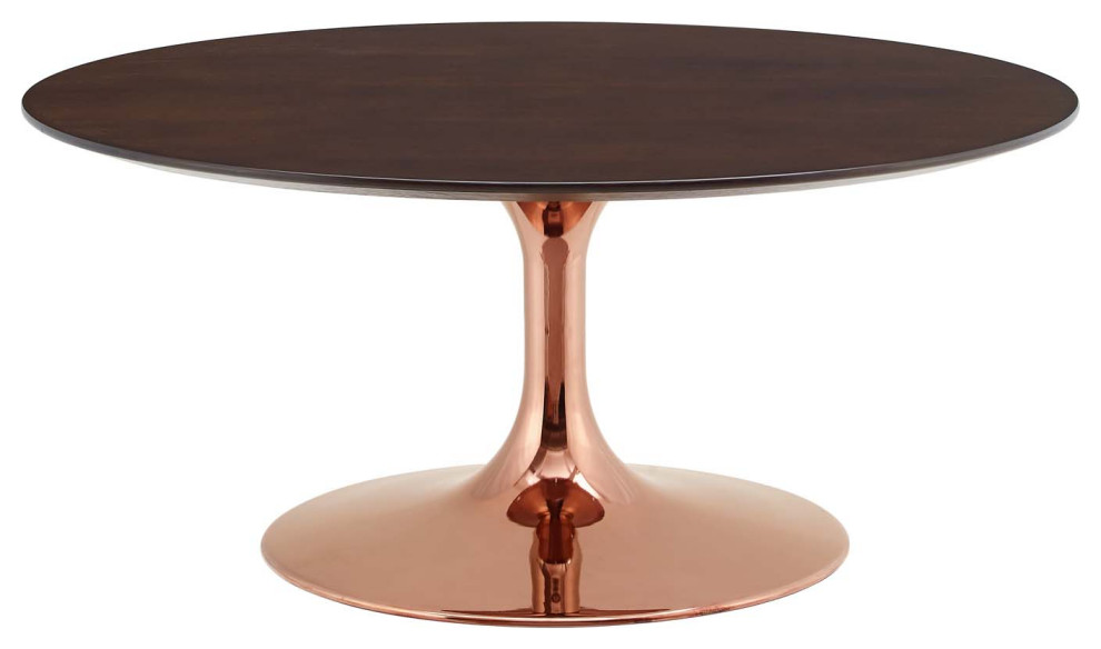 Coffee Table, Round, Wood, Metal, Rose Gold Dark Brown Brown Walnut