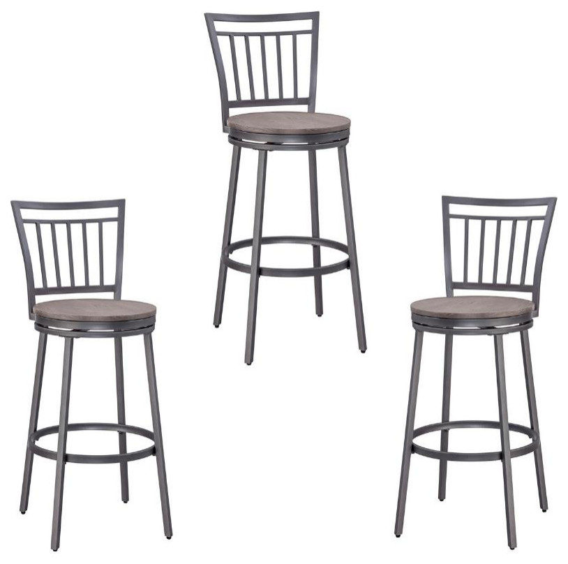 Home Square 3 Piece Slatback Metal Swivel Counter Stool Set in Gray Transitional Bar Stools