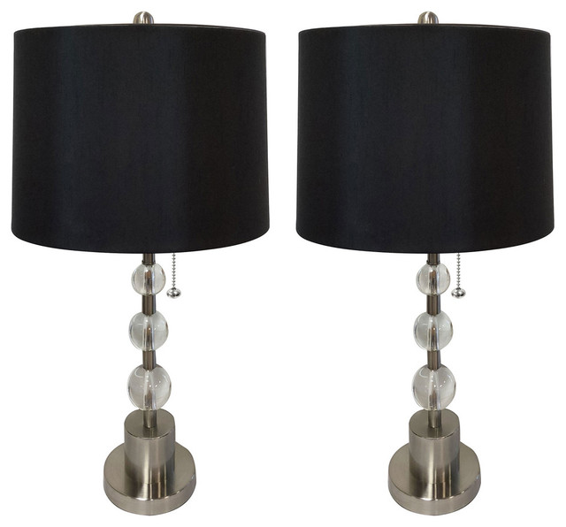 Set of 2 Brush Nickel Lamp with Crystal Ball Accents & Black Shallow Drum Shade