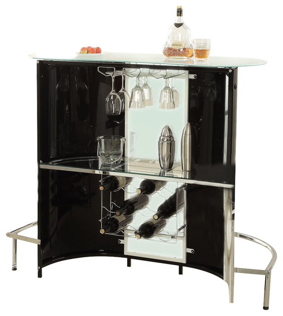 Modern Black White Frosted Glass Top Bar Pub Table Unit With Wine Stemware Rack
