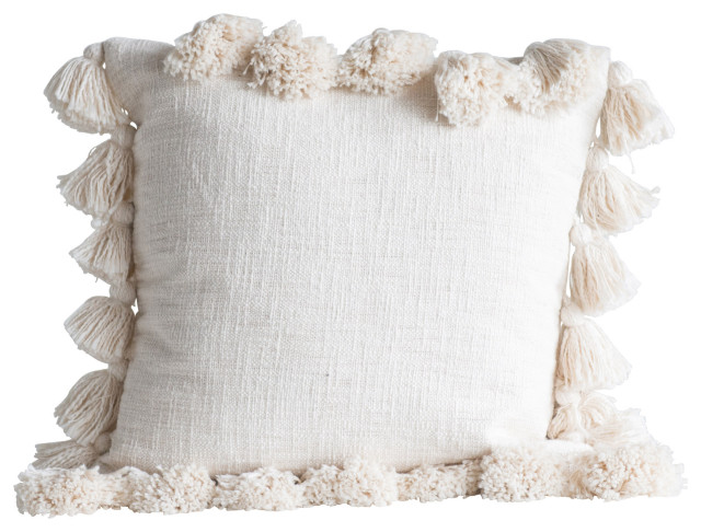 Luxurious Square Cotton Woven Slub Pillow With Tassels, Cream