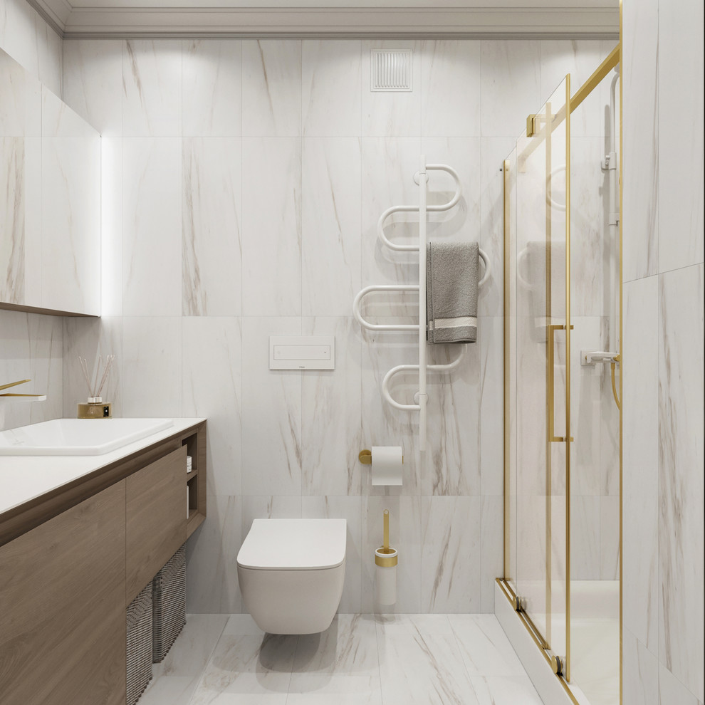 Design ideas for a small contemporary 3/4 bathroom in Moscow with flat-panel cabinets, medium wood cabinets, an alcove shower, a wall-mount toilet, white tile, porcelain tile, white walls, porcelain floors, a drop-in sink, engineered quartz benchtops, white floor, a sliding shower screen, white benchtops, a laundry, a single vanity and a floating vanity.
