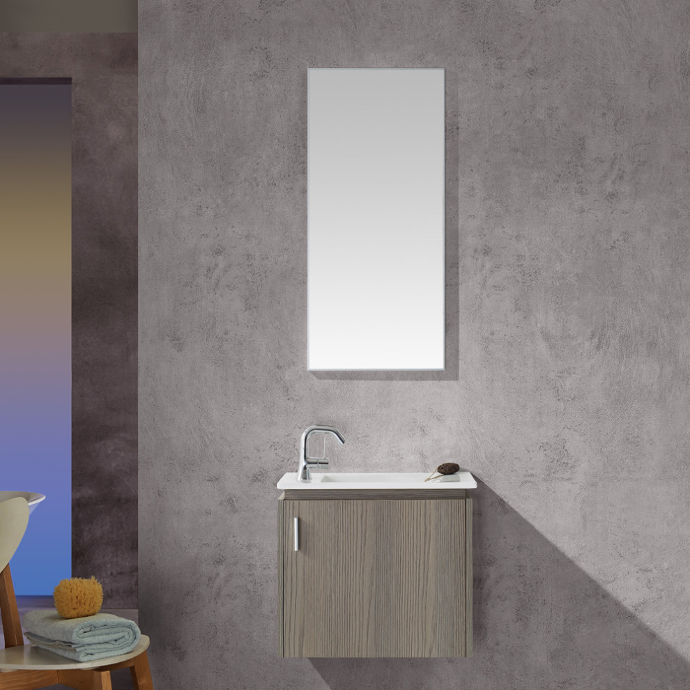 Cette image montre une petite salle d'eau design avec un placard à porte plane, une baignoire indépendante, une douche ouverte, un carrelage blanc, des carreaux de céramique, un mur blanc, un lavabo posé, un plan de toilette en stratifié, un sol gris, aucune cabine, un plan de toilette blanc, un banc de douche, meuble simple vasque, meuble-lavabo suspendu, des portes de placard grises, un bidet, sol en béton ciré et poutres apparentes.