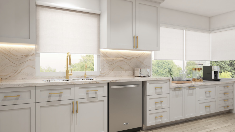 Foto på ett mellanstort funkis vit kök, med en dubbel diskho, skåp i shakerstil, vita skåp, bänkskiva i kvartsit, vitt stänkskydd, stänkskydd i sten, rostfria vitvaror och ljust trägolv