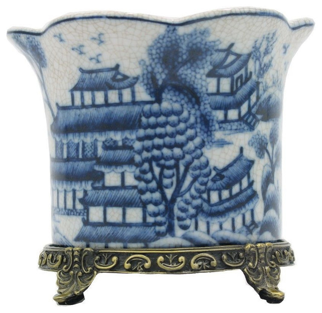 Blue And White Porcelain Willow Orchid Pot 5 Asian Indoor Blue And White Porcelain Willow Orchid Pot 5