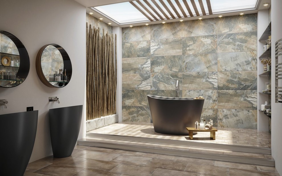 Inspiration for a small asian master bathroom in Moscow with a japanese tub.