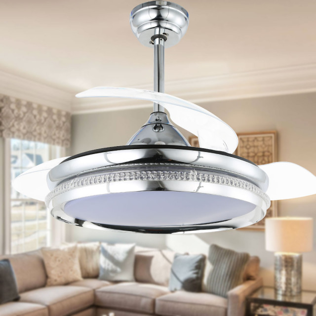 42 Modern Retractable Crystal Ceiling, Modern Ceiling Fan With Light And Remote Retractable Bedroom Silver