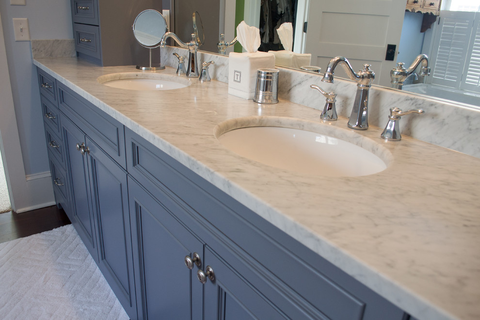 Design ideas for a transitional master bathroom in Wilmington with grey cabinets.