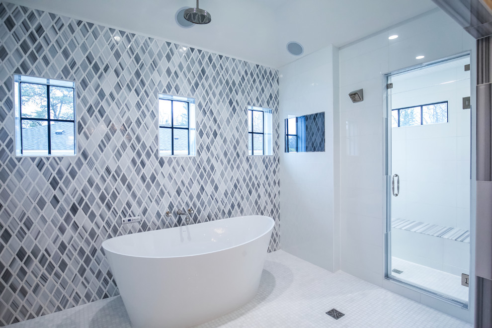 Inspiration for a transitional master mosaic tile floor freestanding bathtub remodel in DC Metro