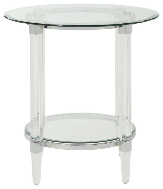 End Table Round Shaped Chrome Metal Base with Glass Top in Glossy White Finish 