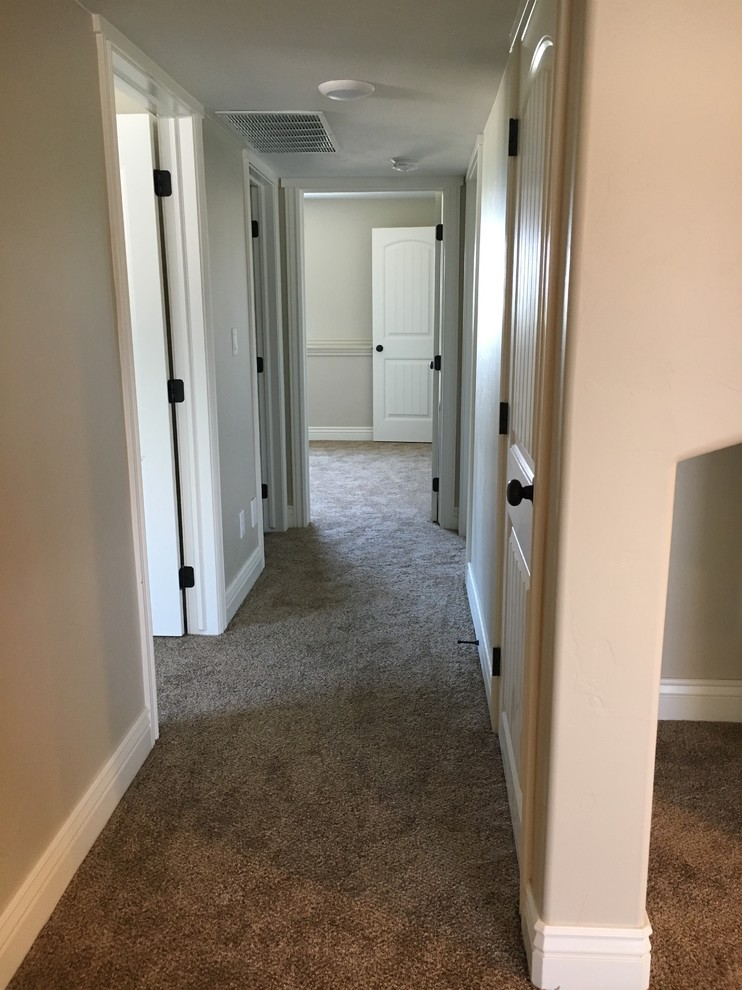 Photo of a mid-sized transitional hallway in Other with beige walls and carpet.