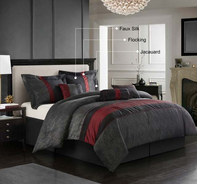 Corell Black 7 Piece Comforter Set, Red And Black Queen Bed Set