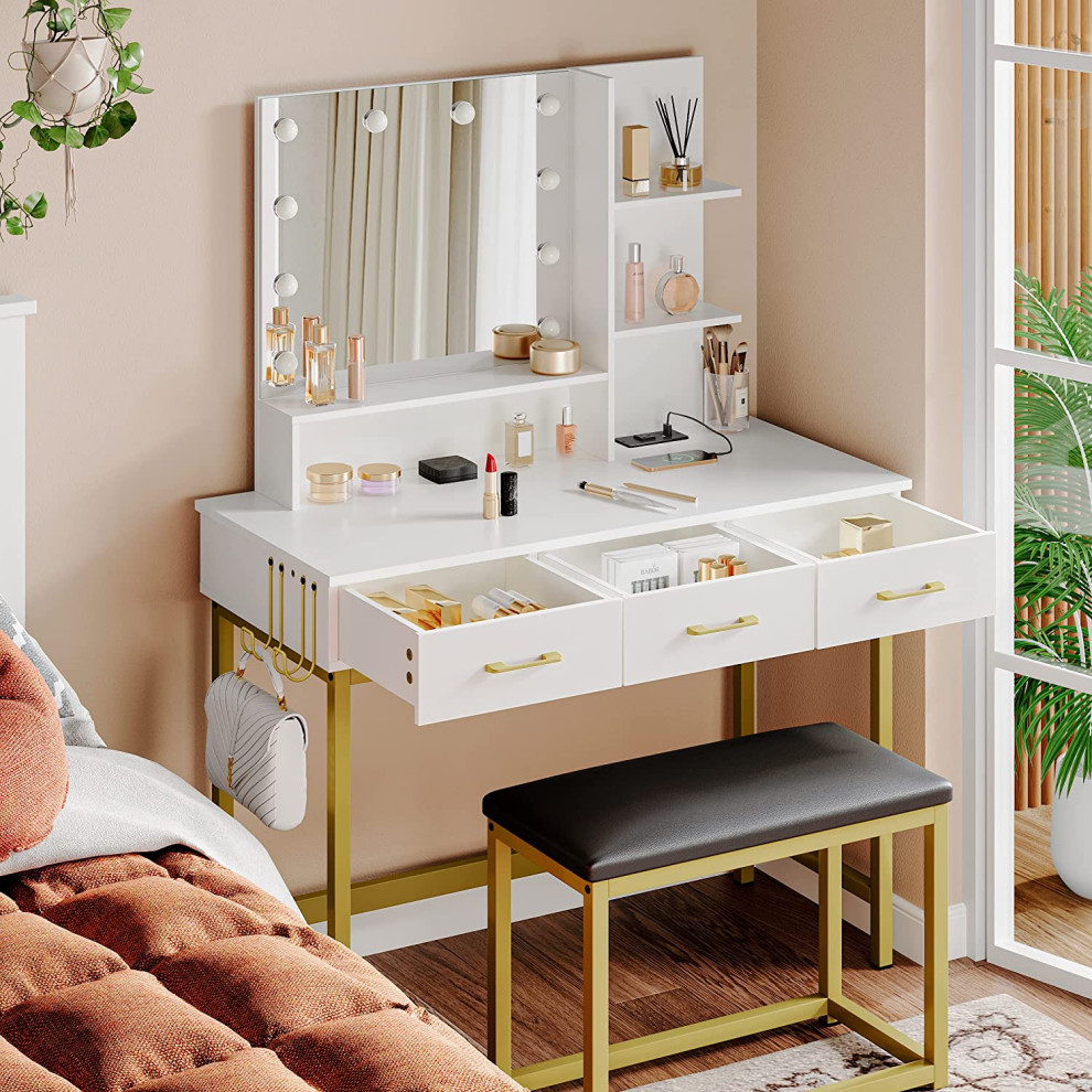 Makeup Vanity with Wider Cushioned Stool and 3 Drawer for Bedroom - Traditional - Bedroom ...