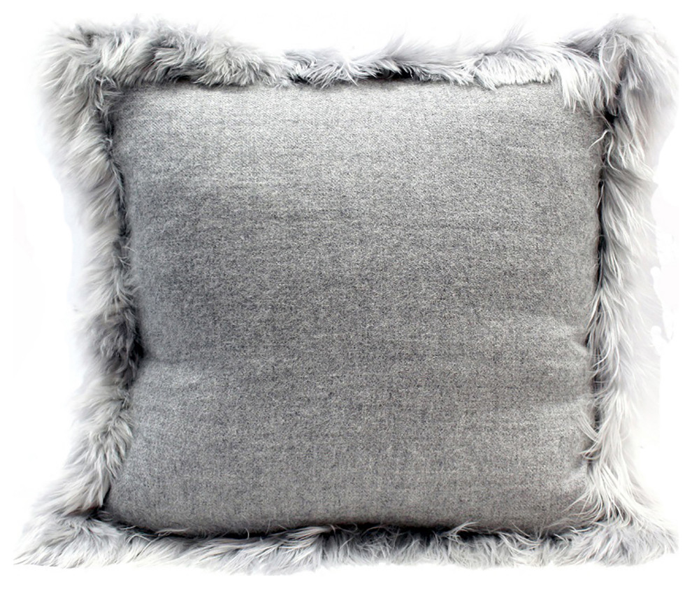 Alpaca Fur Trimmed Cushion With Woven Baby Alpaca Fabric 18x18", Glacier