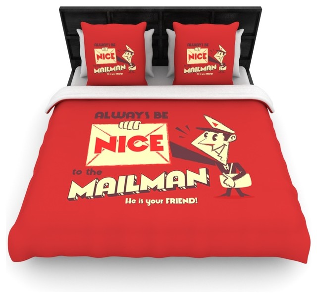 Houzz Kess Inhouse Roberlan Be Nice To The Mailman Red Roberlan Be Nice To The Mailman Red Tan Woven Duvet Cover Queen