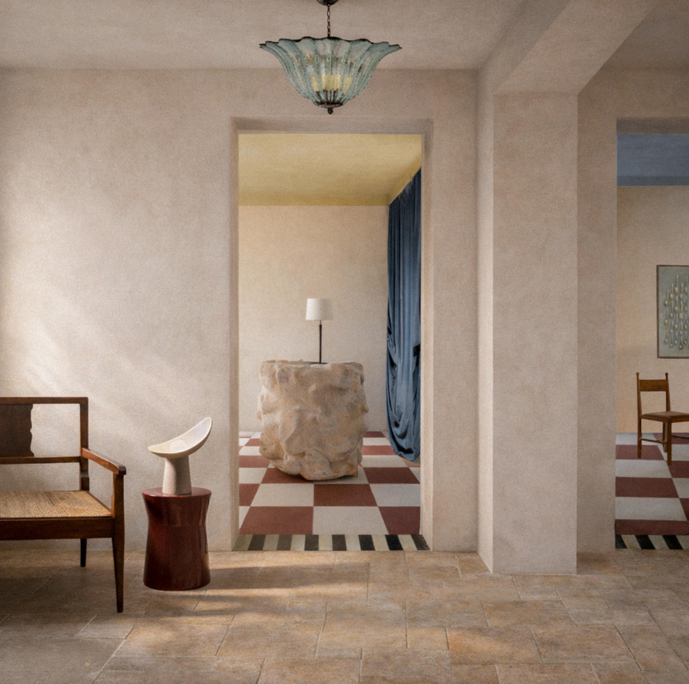Idee per un ingresso o corridoio boho chic con pareti beige e pavimento con piastrelle in ceramica