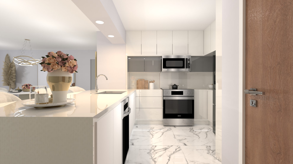 Kleine Mid-Century Küche mit Doppelwaschbecken, Küchenrückwand in Weiß, Rückwand aus Keramikfliesen, Küchengeräten aus Edelstahl, Keramikboden, Kücheninsel, weißem Boden und grauer Arbeitsplatte in Miami