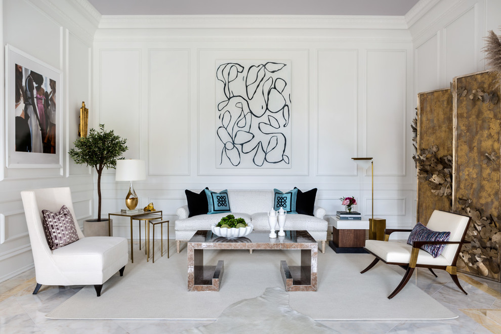 Design ideas for a transitional formal living room in DC Metro with white walls, no fireplace and white floor.