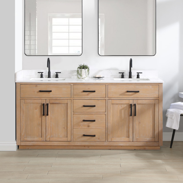 Gavino Vanity With Grain White Composite Stone Top, Light Brown/Matte Black, 72", No Mirror