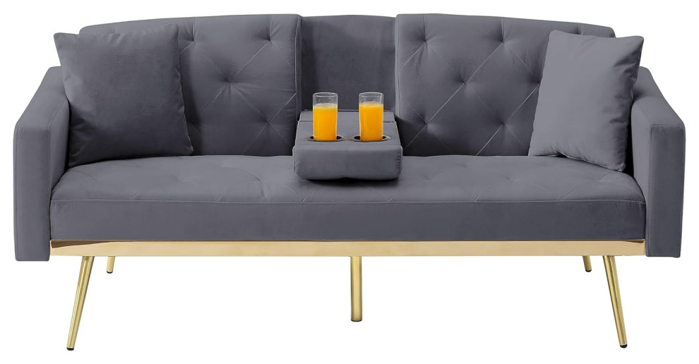 Modern Futon, Golden Legs With Velvet Seat & Drop Down Cup Holders