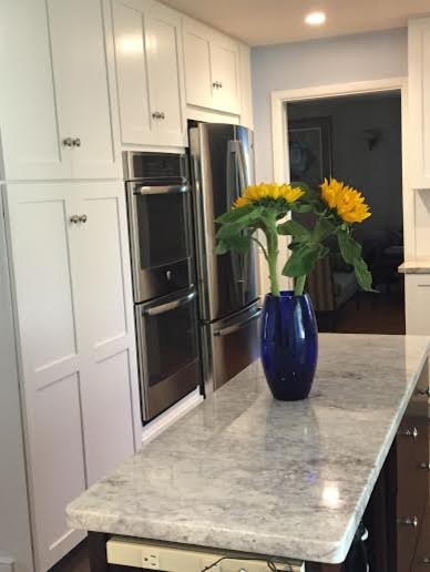 Inspiration for a mid-sized transitional l-shaped medium tone wood floor enclosed kitchen remodel in Providence with an undermount sink, shaker cabinets, white cabinets, marble countertops, stainless steel appliances and a peninsula