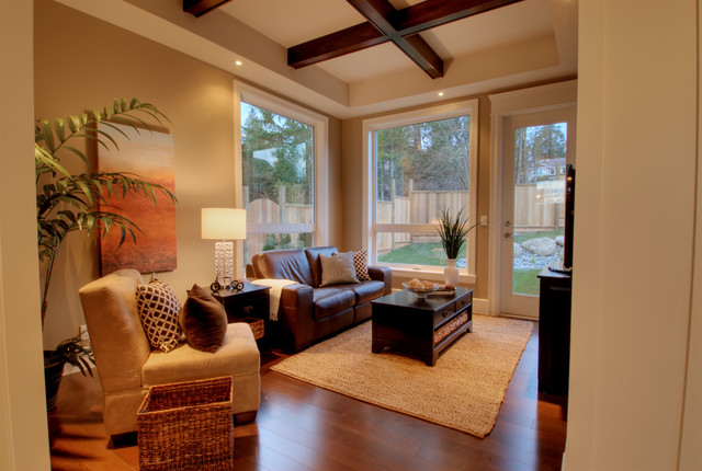 Warm family room  with orange accents