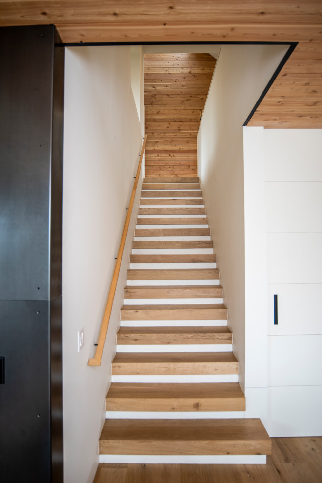Exemple d'un escalier droit tendance de taille moyenne avec des marches en bois, des contremarches en bois et un garde-corps en bois.
