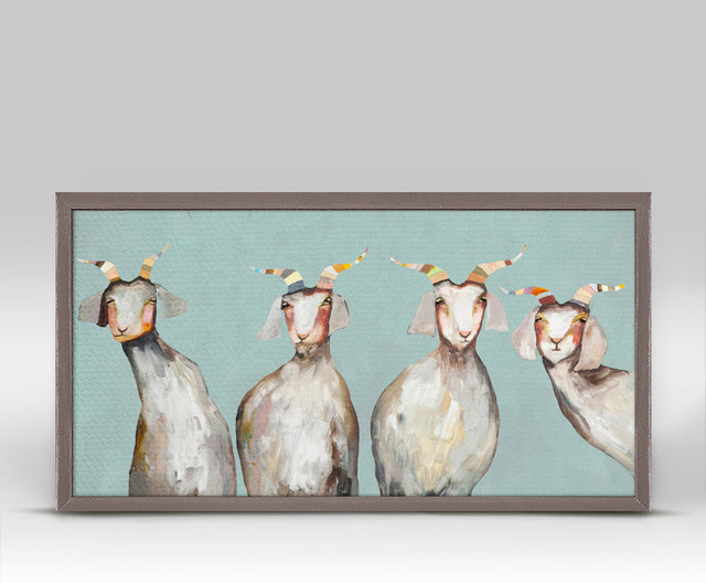 "4 Goats" Mini Framed Canvas, by Eli Halpin, Soft Blue Farmhouse Prints And Posters by