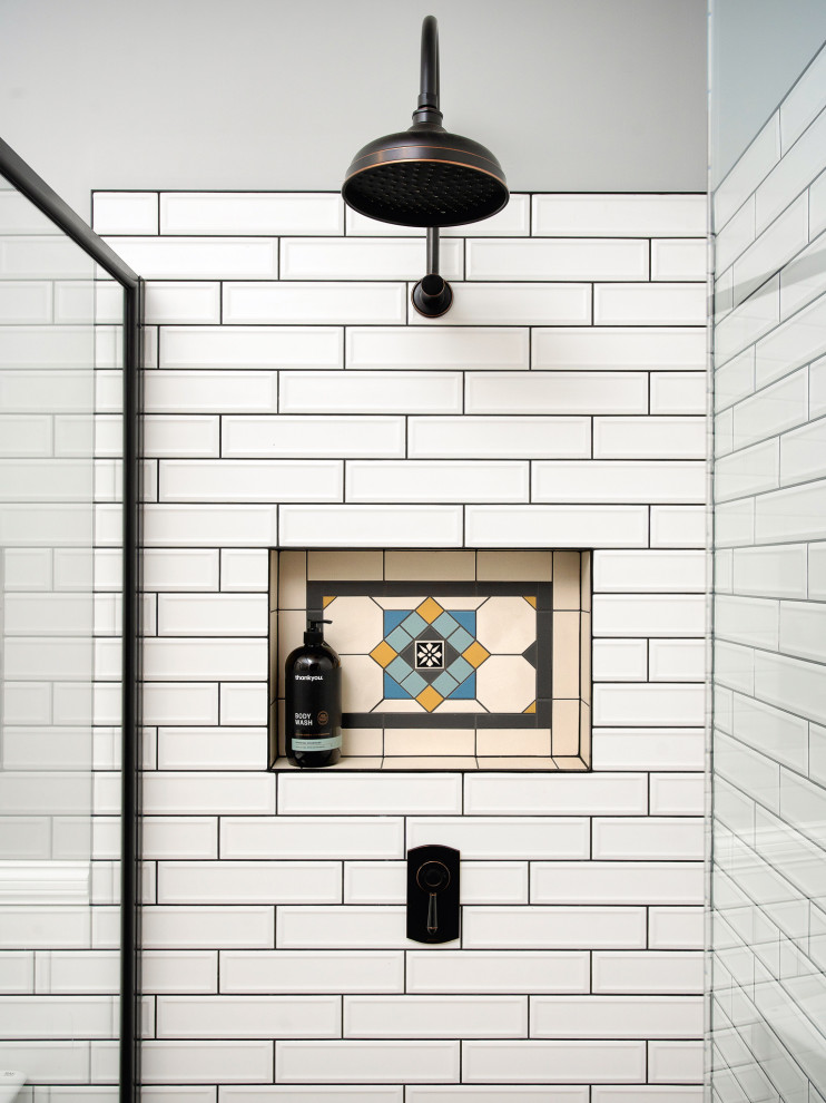 Design ideas for a small country kids bathroom in Brisbane with a claw-foot tub, a corner shower, a one-piece toilet, white tile, subway tile, grey walls, mosaic tile floors, a hinged shower door, a niche, a single vanity and a floating vanity.