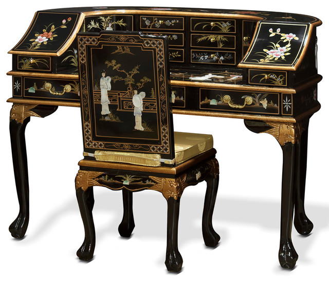 Mother Of Pearl Lady Motif Harpsi Style Desk With Chair Asian Mother Of Pearl Lady Motif Harpsi Style Desk With Chair