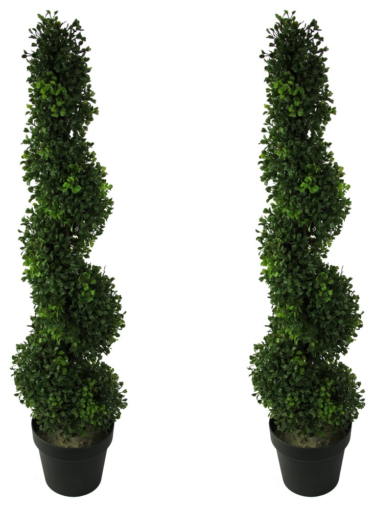 3 Feet Aritificial Boxwood Leave Spiral Topiary Plant in Plastic Pot, Green, Set