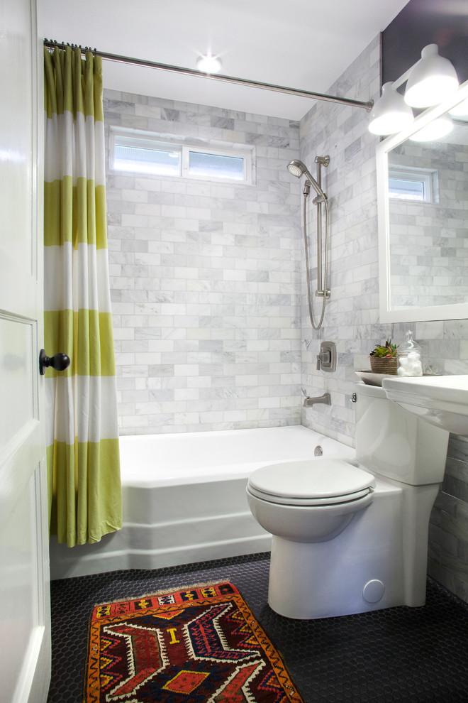 Design ideas for a small modern bathroom in Portland with stone tile, grey walls and ceramic floors.